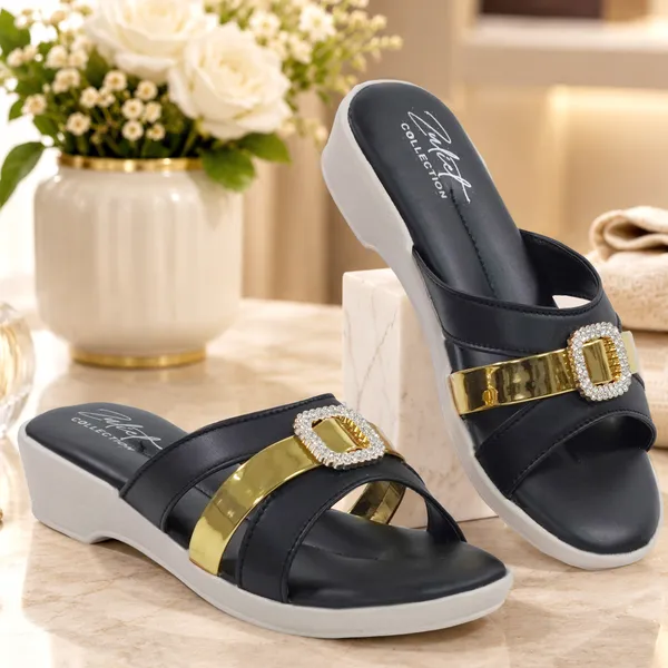 Black_Synthetic_Leather_Gold_Buckle_Wedge_Sandals_For_Women