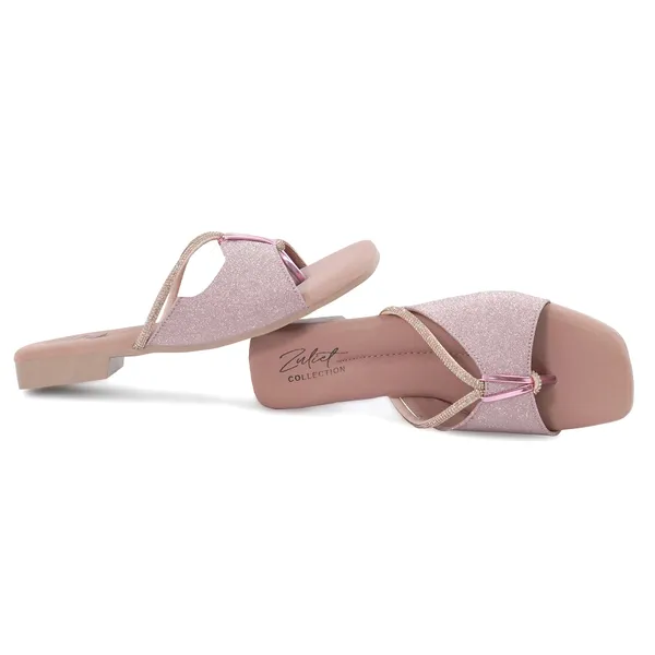 Pink_Synthetic_Leather_Glitter_Embellished_Flat_Sandals_For_Women