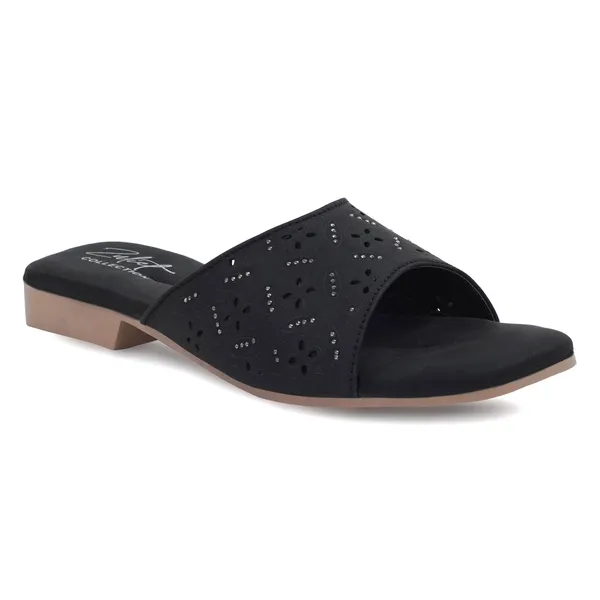 Black_Synthetic_Leather_Perforated_Slip-On_Sandals_For_Women