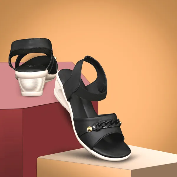 Black_Synthetic_Leather_Chain_Accent_Wedge_Sandals_For_Women