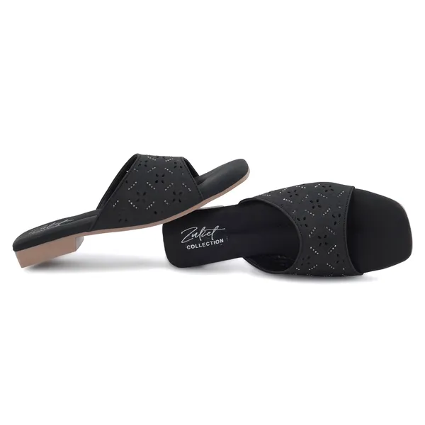 Black_Synthetic_Leather_Perforated_Slip-On_Sandals_For_Women