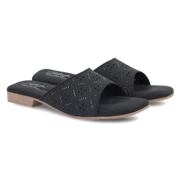 Black_Synthetic_Leather_Perforated_Slip-On_Sandals_For_Women