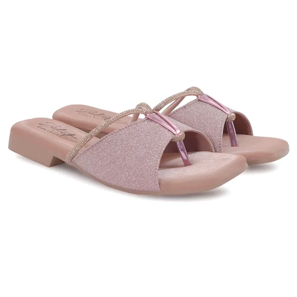 Pink_Synthetic_Leather_Glitter_Embellished_Flat_Sandals_For_Women