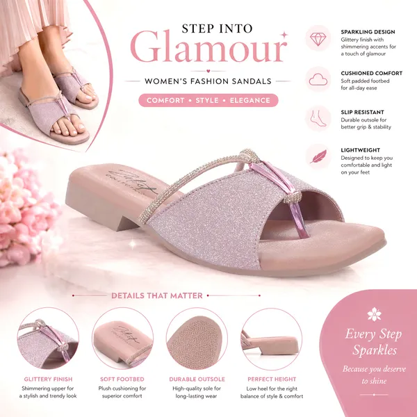 Pink_Synthetic_Leather_Glitter_Embellished_Flat_Sandals_For_Women