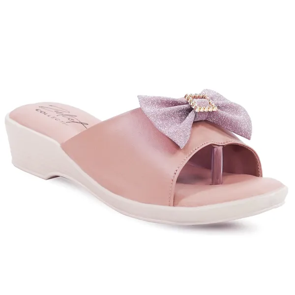 Pink_Synthetic_Leather_Bow_Detail_Slip-On_Wedge_Sandals_For_Women