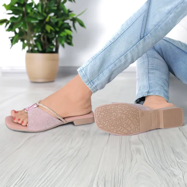 Pink_Synthetic_Leather_Glitter_Embellished_Flat_Sandals_For_Women