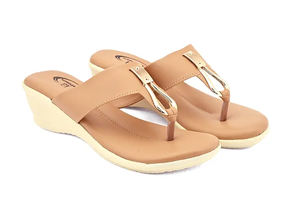 Tan_Synthetic_Leather_Metallic_Loop_Wedge_Sandals_For_Women