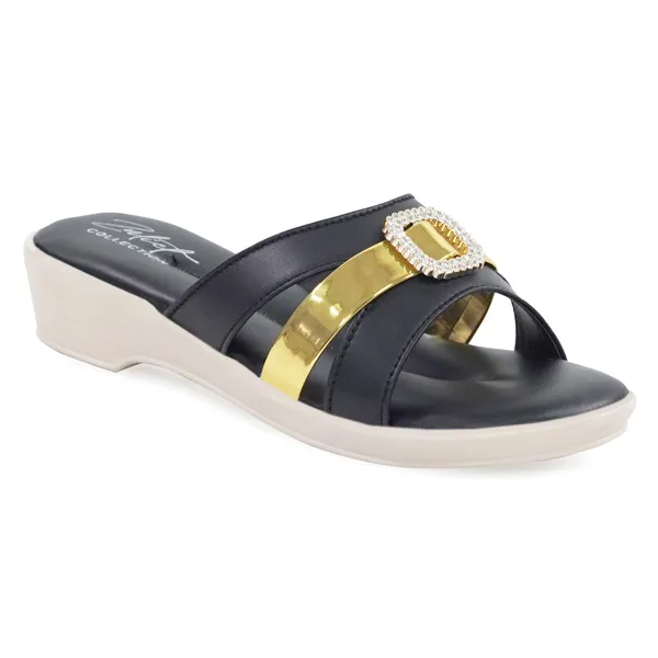 Black_Synthetic_Leather_Gold_Buckle_Wedge_Sandals_For_Women