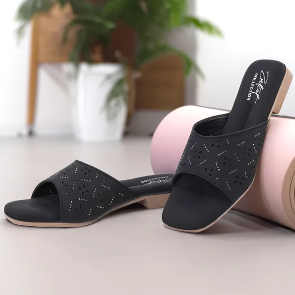 Black_Synthetic_Leather_Perforated_Slip-On_Sandals_For_Women