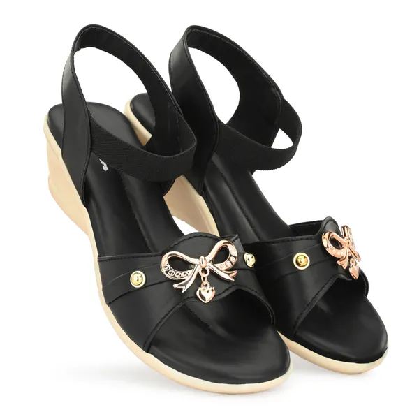 Black_Synthetic_Leather_Bow_Embellished_Slingback_Sandals_For_Women