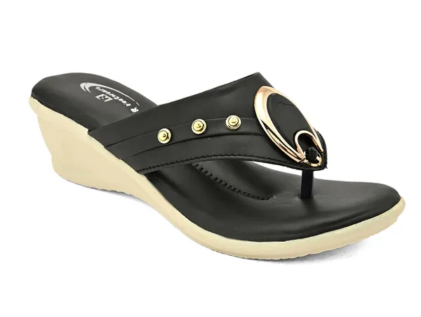 Black_Synthetic_Leather_Gold_Loop_Wedge_Flip_Flops_For_Women