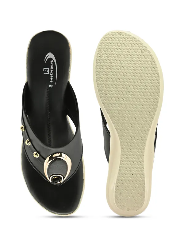 Black_Synthetic_Leather_Gold_Loop_Wedge_Flip_Flops_For_Women