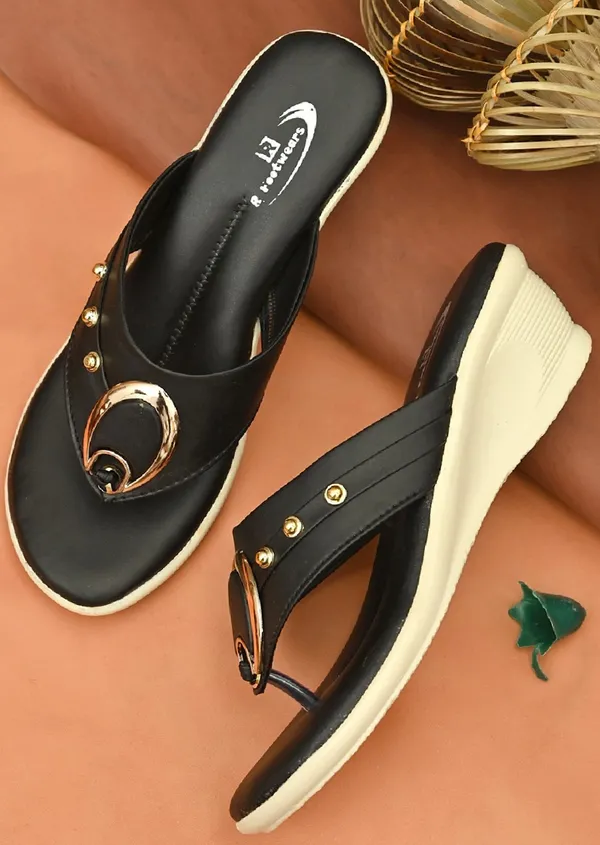 Black_Synthetic_Leather_Gold_Loop_Wedge_Flip_Flops_For_Women