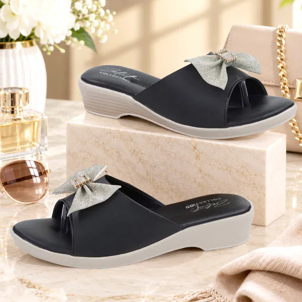 Black_Synthetic_Leather_Glitter_Bow_Wedge_Sandals_For_Women