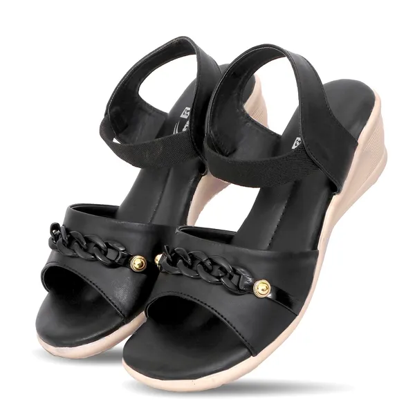 Black_Synthetic_Leather_Chain_Accent_Wedge_Sandals_For_Women