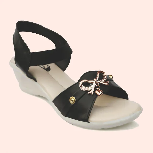 Black_Synthetic_Leather_Bow_Detail_Flat_Sandals_For_Women