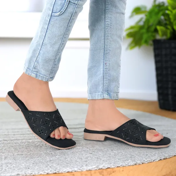 Black_Synthetic_Leather_Perforated_Slip-On_Sandals_For_Women