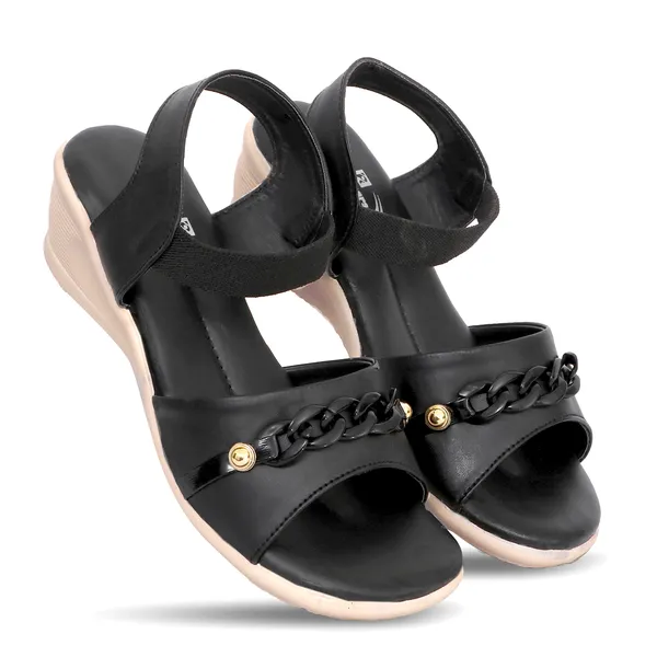 Black_Synthetic_Leather_Chain_Accent_Wedge_Sandals_For_Women