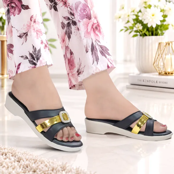 Black_Synthetic_Leather_Gold_Buckle_Wedge_Sandals_For_Women