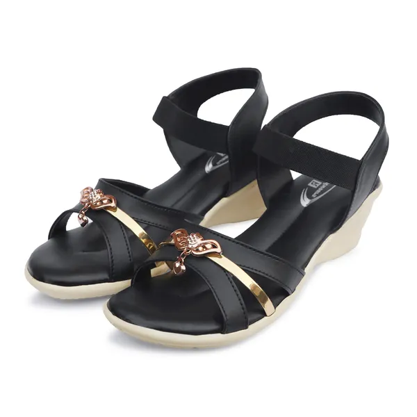 Black_Synthetic_Leather_Floral_Embellished_Wedge_Sandals_For_Women