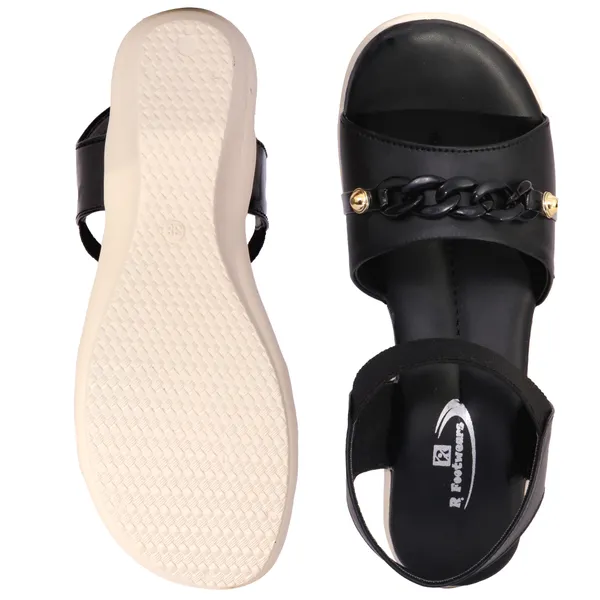 Black_Synthetic_Leather_Chain_Accent_Wedge_Sandals_For_Women