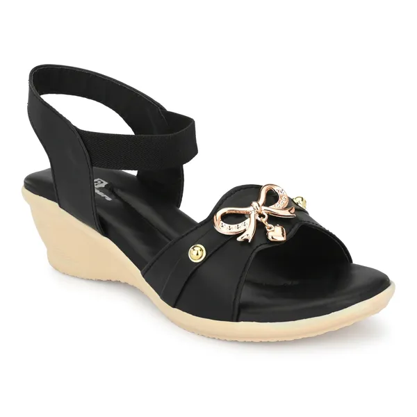 Black_Synthetic_Leather_Bow_Embellished_Slingback_Sandals_For_Women