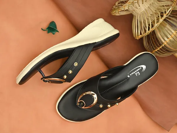 Black_Synthetic_Leather_Gold_Loop_Wedge_Flip_Flops_For_Women