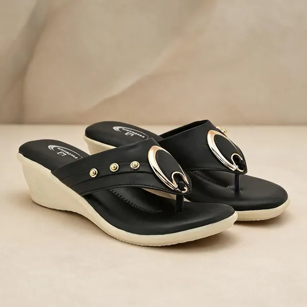 Black_Synthetic_Leather_Gold_Loop_Wedge_Flip_Flops_For_Women