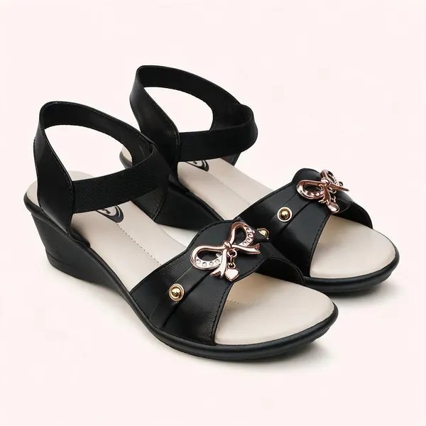 Black_Synthetic_Leather_Bow_Detail_Flat_Sandals_For_Women