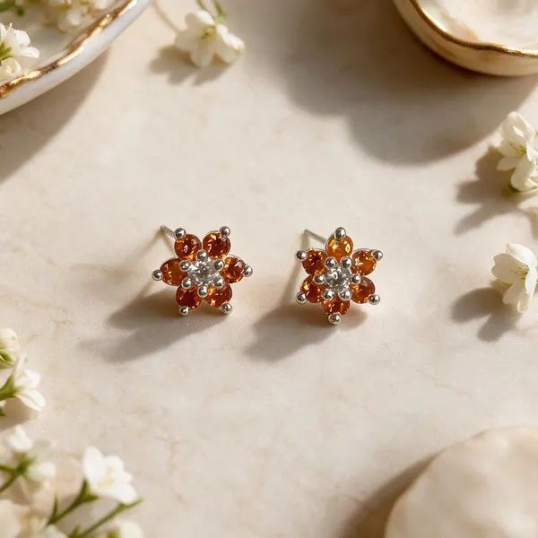 925_Silver_Orange_Floral_Crystal_Studs