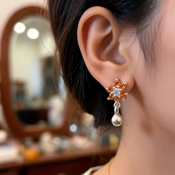 Orange_Stone_925_Silver_Floral_Drop_Earrings_For_Women