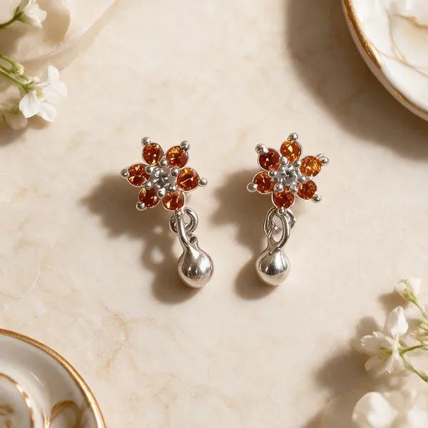 925_Silver_Orange_Floral_Drop_Studs