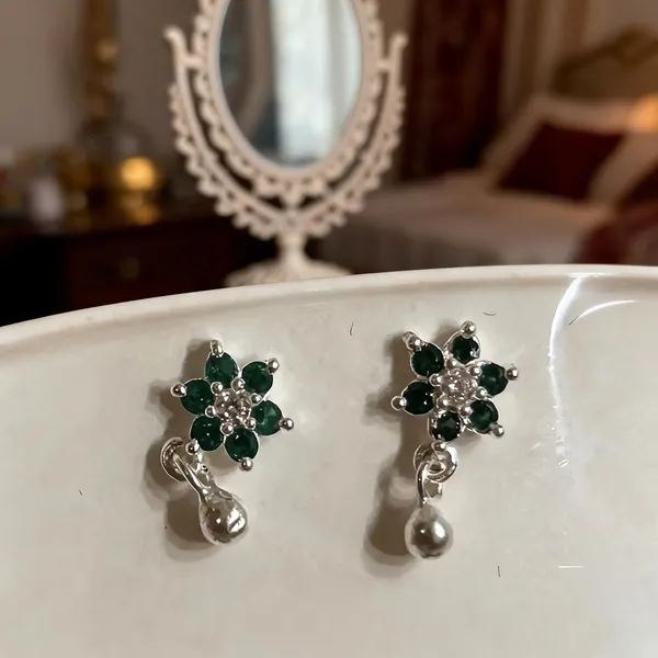 Green_925_Silver_Floral_Drop_Earrings_For_Women
