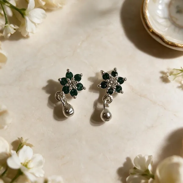 925_Silver_Green_Floral_Pearl_Drop_Studs