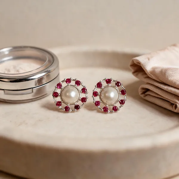 Silver_&_Red_925_Silver_Pearl_Stone_Stud_Earrings_For_Women