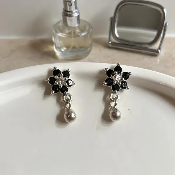 Silver_Black_925_Sterling_Floral_Drop_Earrings_For_Women