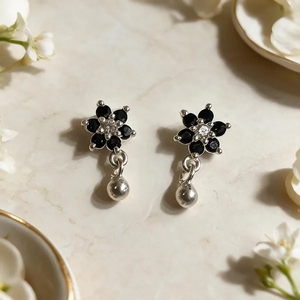925_Silver_Black_Floral_Drop_Studs