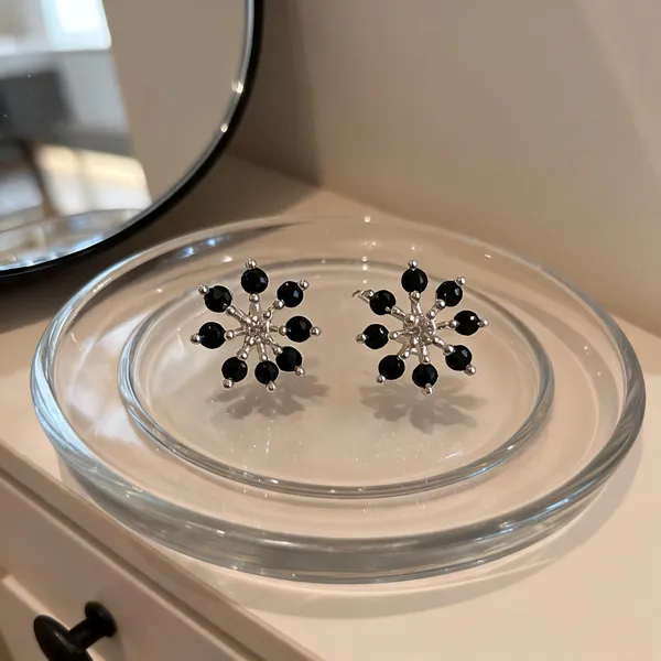 Black_925_Silver_Beaded_Floral_Stud_Earrings_For_Women