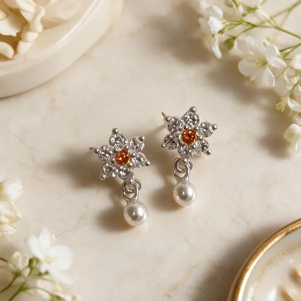 925_Orange_Crystal_Floral_Pearl_Drop_Studs