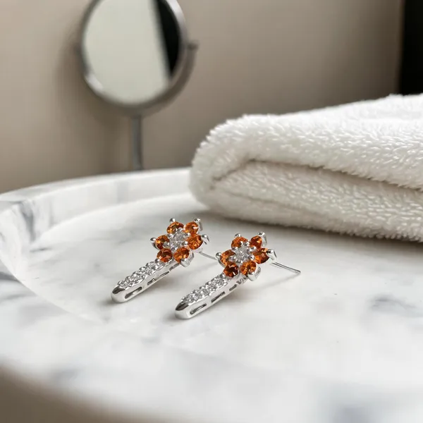 Silver_&_Orange_925_Silver_Floral_Drop_Earrings_For_Women