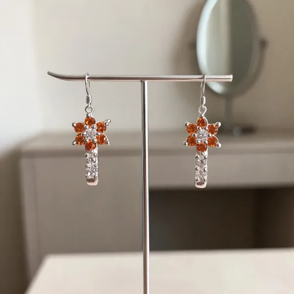 Silver_&_Orange_925_Silver_Floral_Drop_Earrings_For_Women