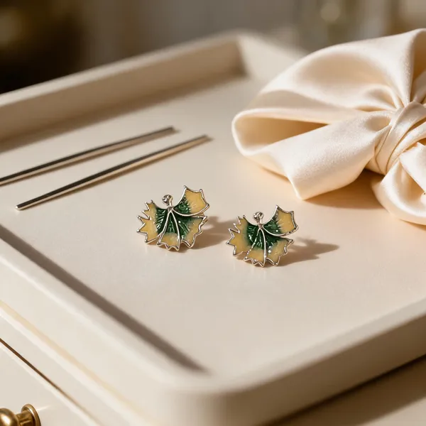 Gold_Green_Enamel_Leaf_925_Silver_Stud_Earrings_For_Women