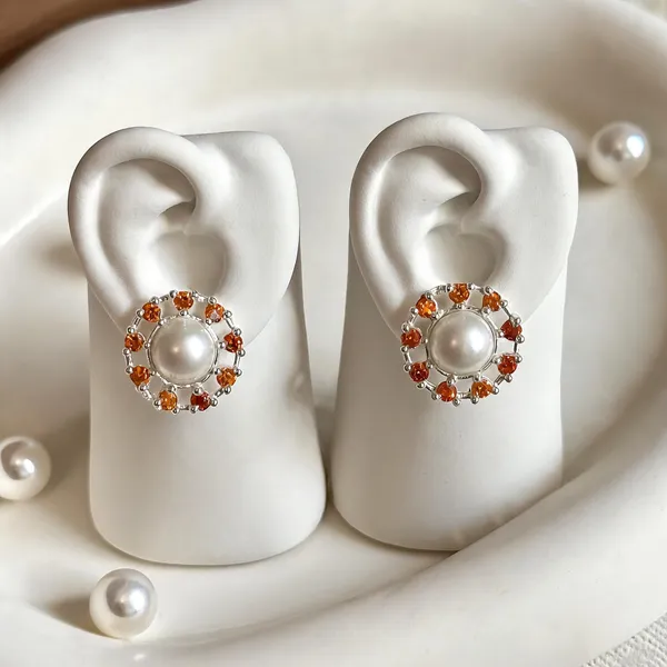 Orange_Stone_Pearl_925_Silver_Stud_Earrings_For_Women