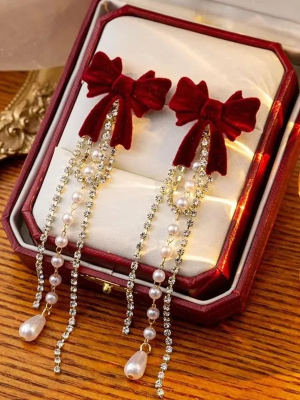 Red_Bow_Pearl_Drop_Earrings_for_Women