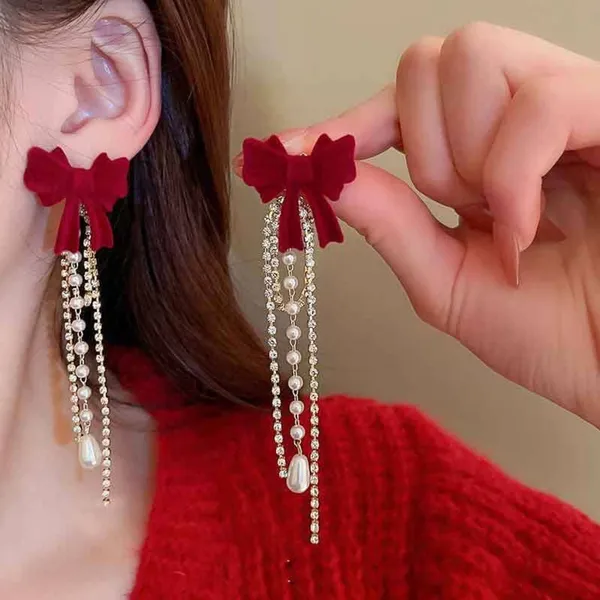 Red_Bow_Pearl_Drop_Earrings_for_Women
