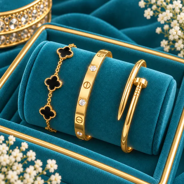 Premium_Gold_Bracelet_Combo_–_Screw_Bangle,_Clover_Charm_&_Nail_Cuff_Bracelet_Set
