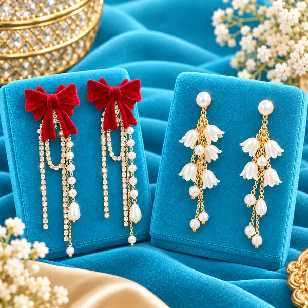 Premium_Combo_–_Red_Velvet_Bow_&_Pearl_Floral_Drop_Earring