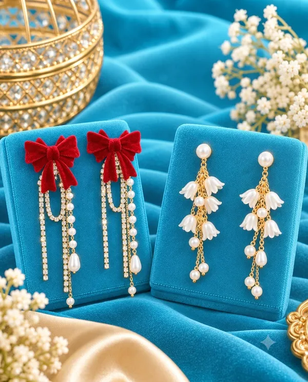 Premium_Combo_–_Red_Velvet_Bow_&_Pearl_Floral_Drop_Earring