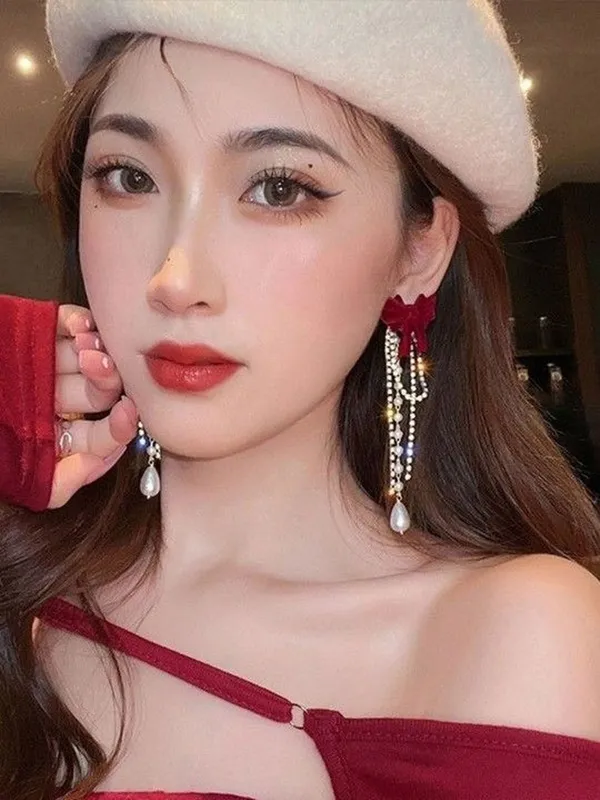 Red_Bow_Pearl_Drop_Earrings_for_Women