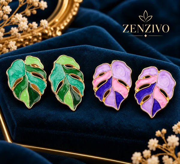 Tropical_Leaf_Enamel_Earrings_–_Green_&_Lavender_Pink_Combo
